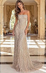 glamorous strapless prom dress front view with shimmering texture