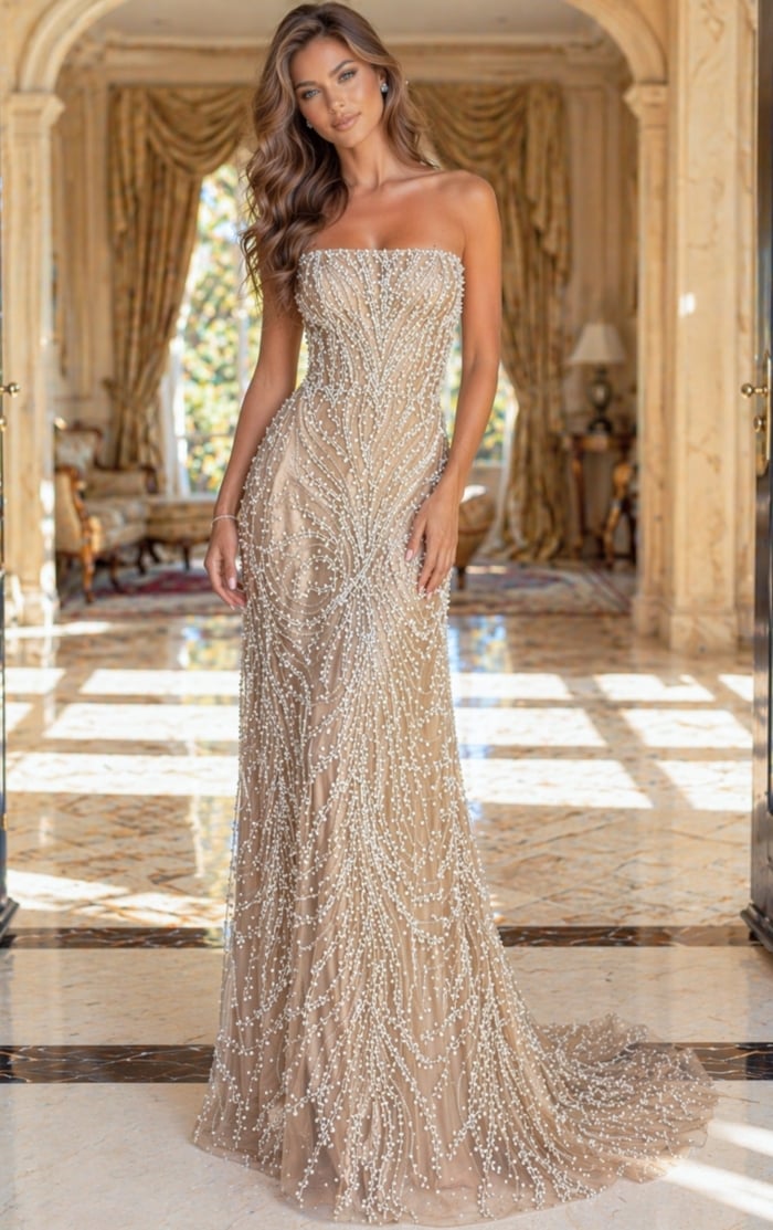 glamorous strapless prom dress front view with shimmering texture