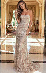 fitted evening gown with sparkling embellishments and sleek silhouette