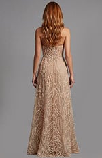 Back view of strapless gown with sheer fabric and intricate beadwork
