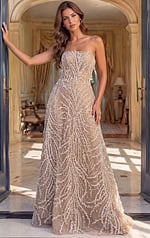 strapless sequin prom dress front view with sweetheart neckline and high slit