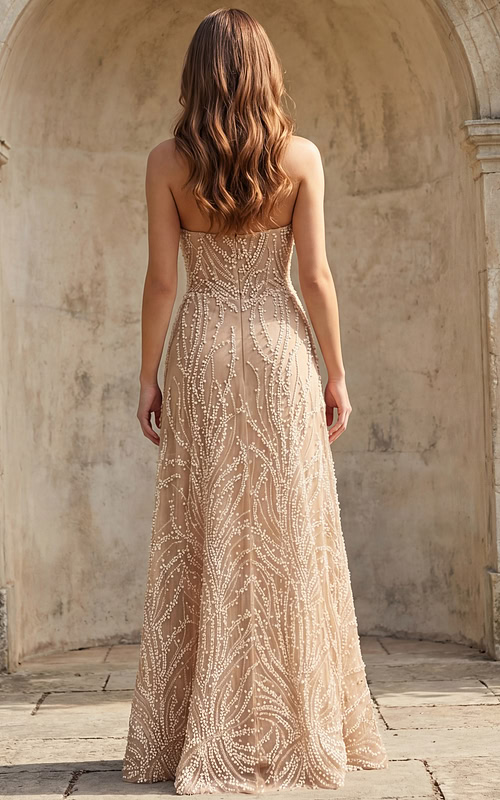 Back view of bridal gown with sheer fabric and intricate beadwork