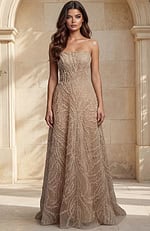 Strapless beaded bridal gown with flowing skirt and detailed texture