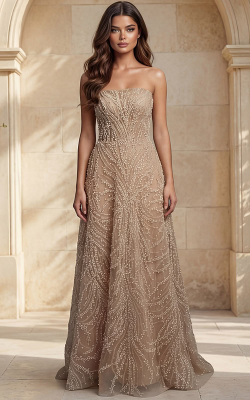 Strapless beaded bridal gown with flowing skirt and detailed texture