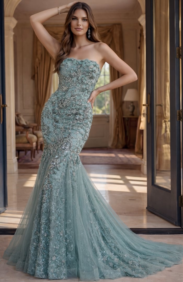 elegant ball gown with fitted corset bodice and flowing a-line silhouette