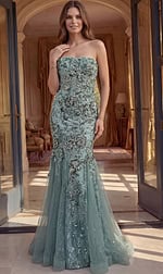 strapless prom dress front view with embellished bodice and tulle skirt