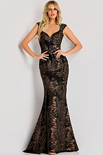 Cap sleeve metallic gown with gold leaf pattern, sweetheart neckline, and fitted trumpet silhouette for an elegant evening look.