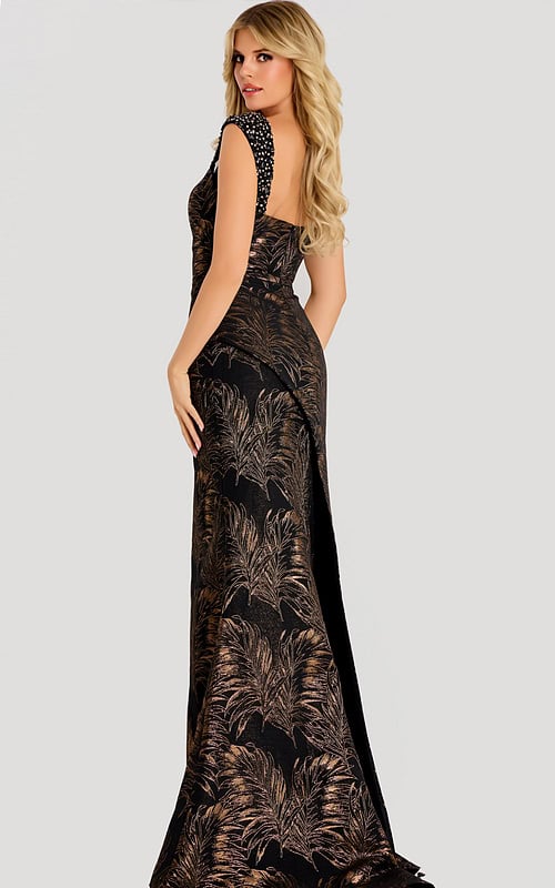 Metallic jacquard gown with beaded shoulder straps, fitted silhouette, and elegant leaf-patterned shimmer fabric.