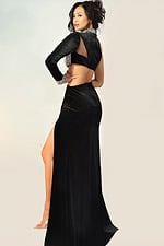 Luxe black velvet evening dress with asymmetric sleeve, rhinestone details, and side slit for formal events