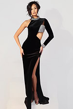 Black velvet one-shoulder gown with crystal embellished collar and cuff, dramatic cutout waist, and high thigh slit