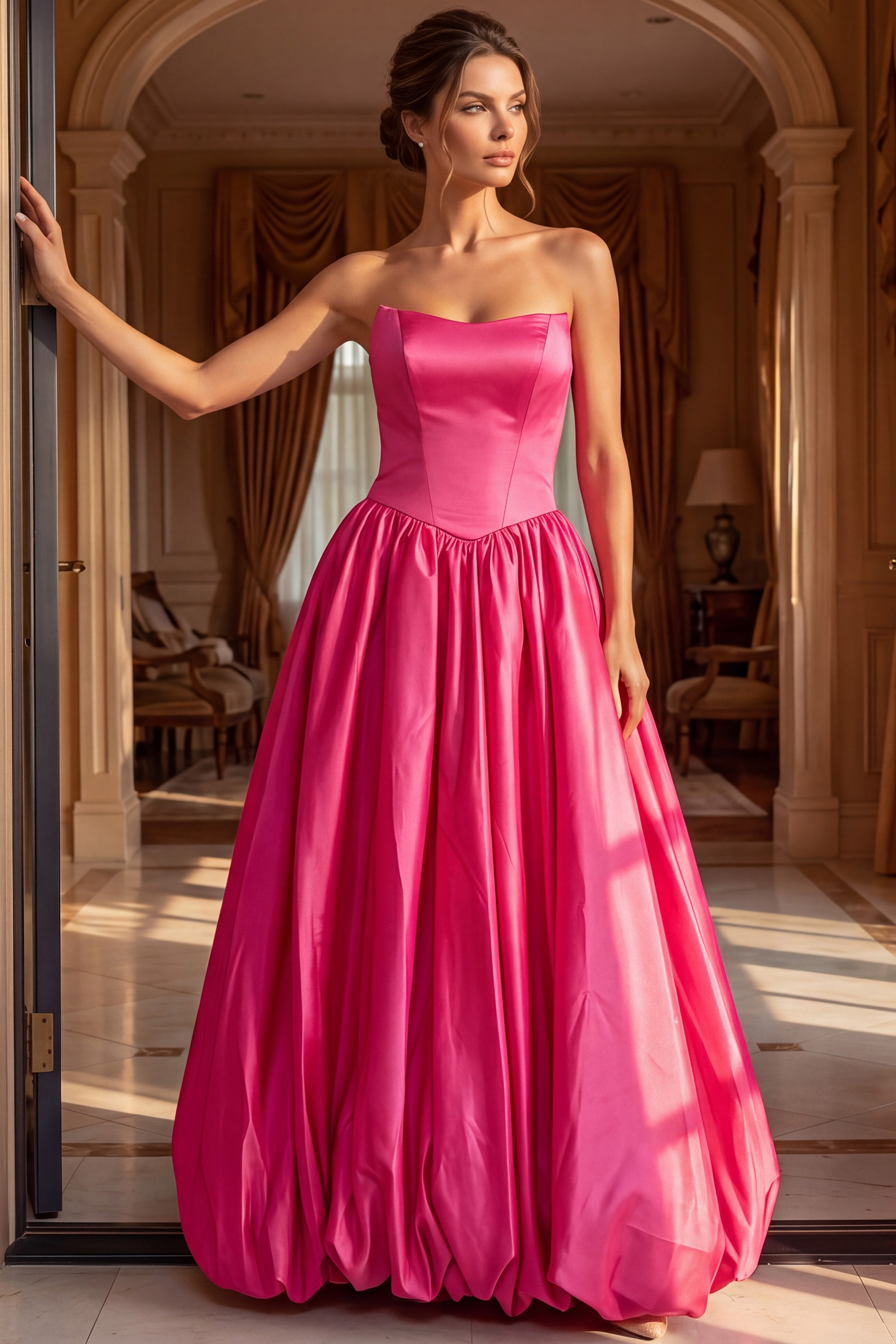 48482-hot-pink-front strapless pink fit and flare dress 48482