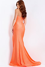Strapless fitted orange prom dress with front cutouts and thigh-high slit