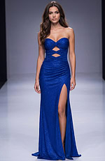 Strapless fitted gown with subtle sparkle, twisted bodice cutout detail, and a thigh high slit creating a sleek, flattering silhouette