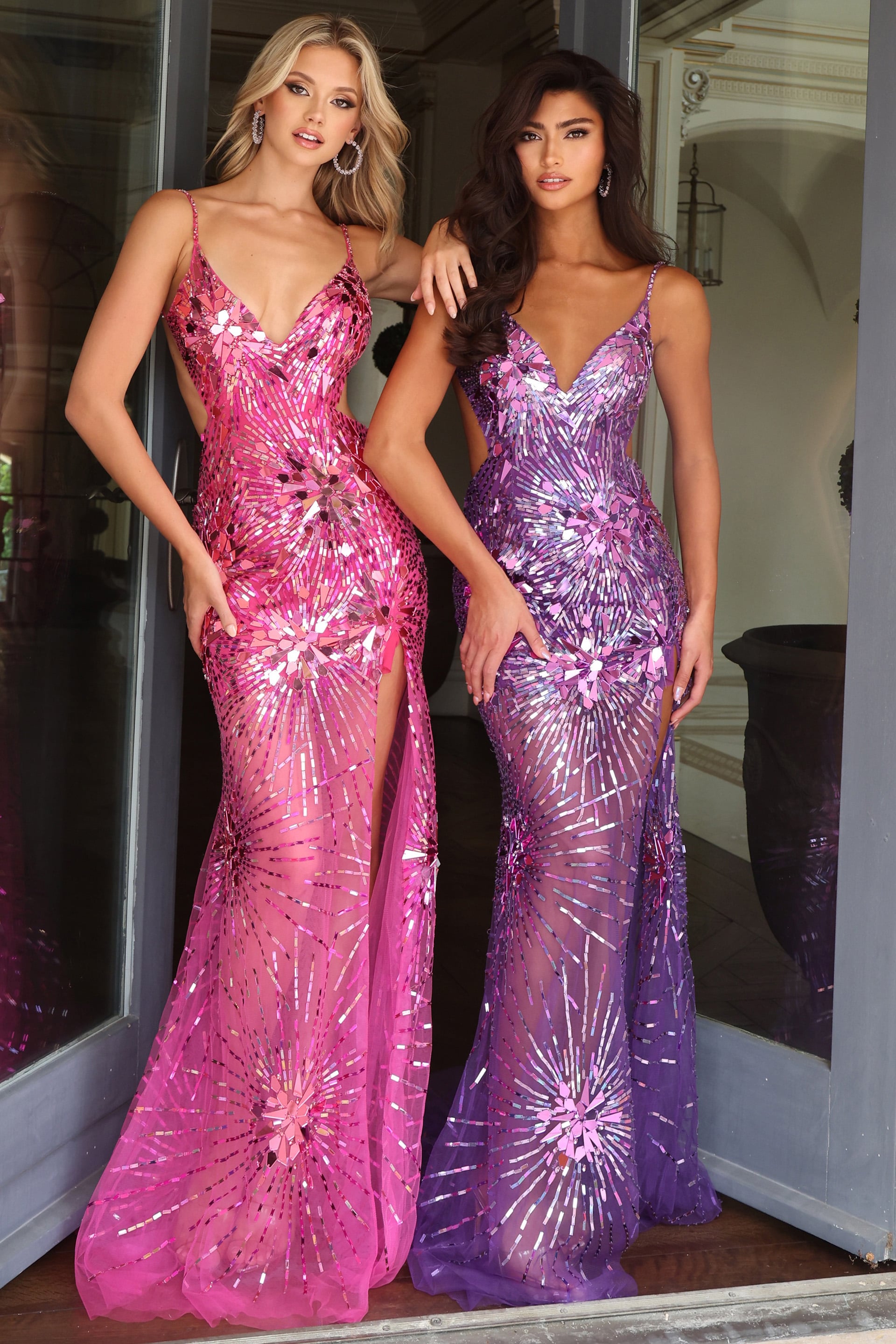 fuchsia and purple sequin starburst mermaid gowns with V necklines and sheer tulle skirts 48502