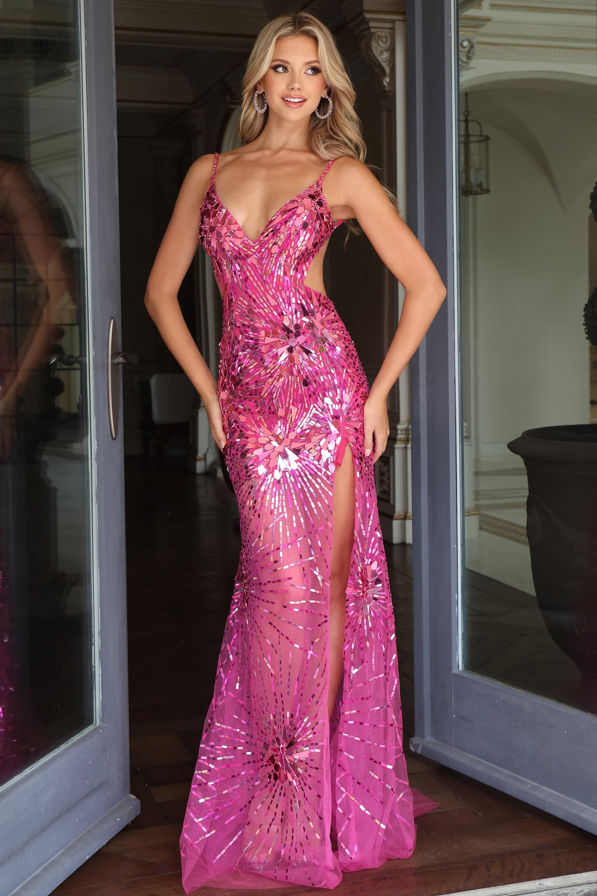fuchsia sequin burst pattern mermaid gown with V neckline, side cutout, thigh slit and sheer hem 48502