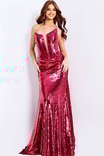 Hot pink strapless sequin prom dress with deep neckline