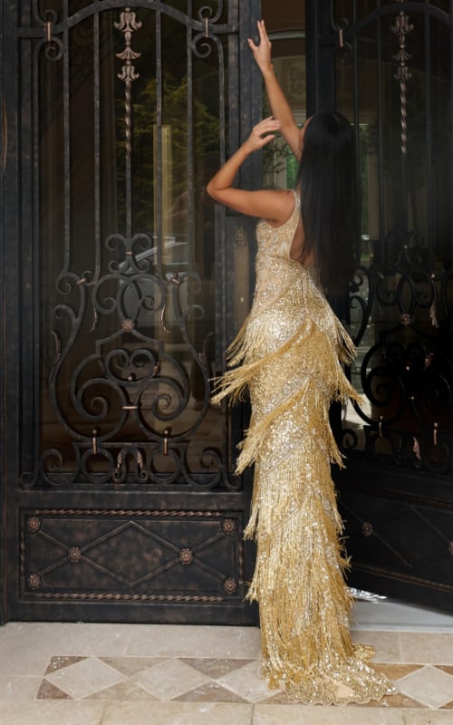 Gold beaded fringe prom dress with deep V neckline and high slit