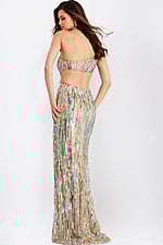Blue and gold beaded prom gown with slit
