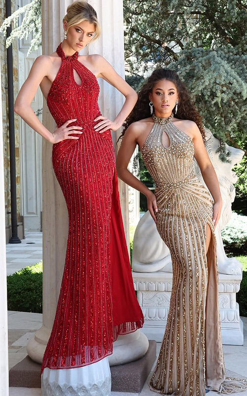 halter sequin gown with keyhole - two girls front, confident pose, varied hairstyles