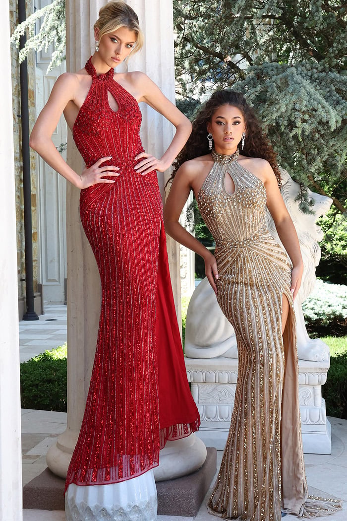 halter sequin gown with keyhole - two girls front, confident pose, varied hairstyles
