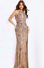 Beaded keyhole prom dress with multicolor embellishments and side slit