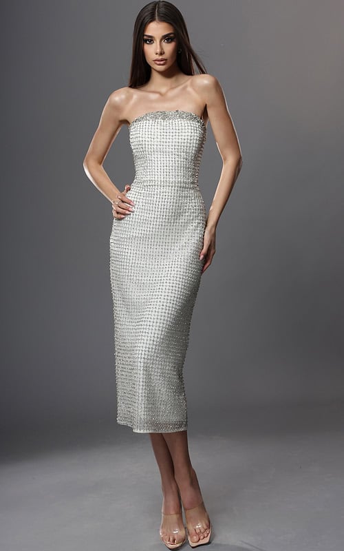 strapless beaded midi dress with fitted silhouette