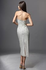 strapless beaded midi dress with fitted silhouette