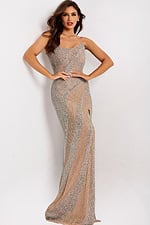 Sleeveless fitted gown featuring intricate beading