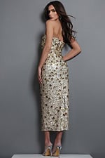 gold sheath midi dress with strapless sequin 3d floral applique