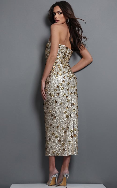 gold sheath midi dress with strapless sequin 3d floral applique