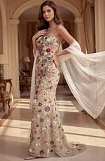 Detailed view of a sequined mermaid dress featuring a garden-inspired floral motif in jewel tones.