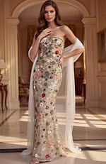 strapless floral sequin gown showing a tailored fit and a subtle train with a center slit.