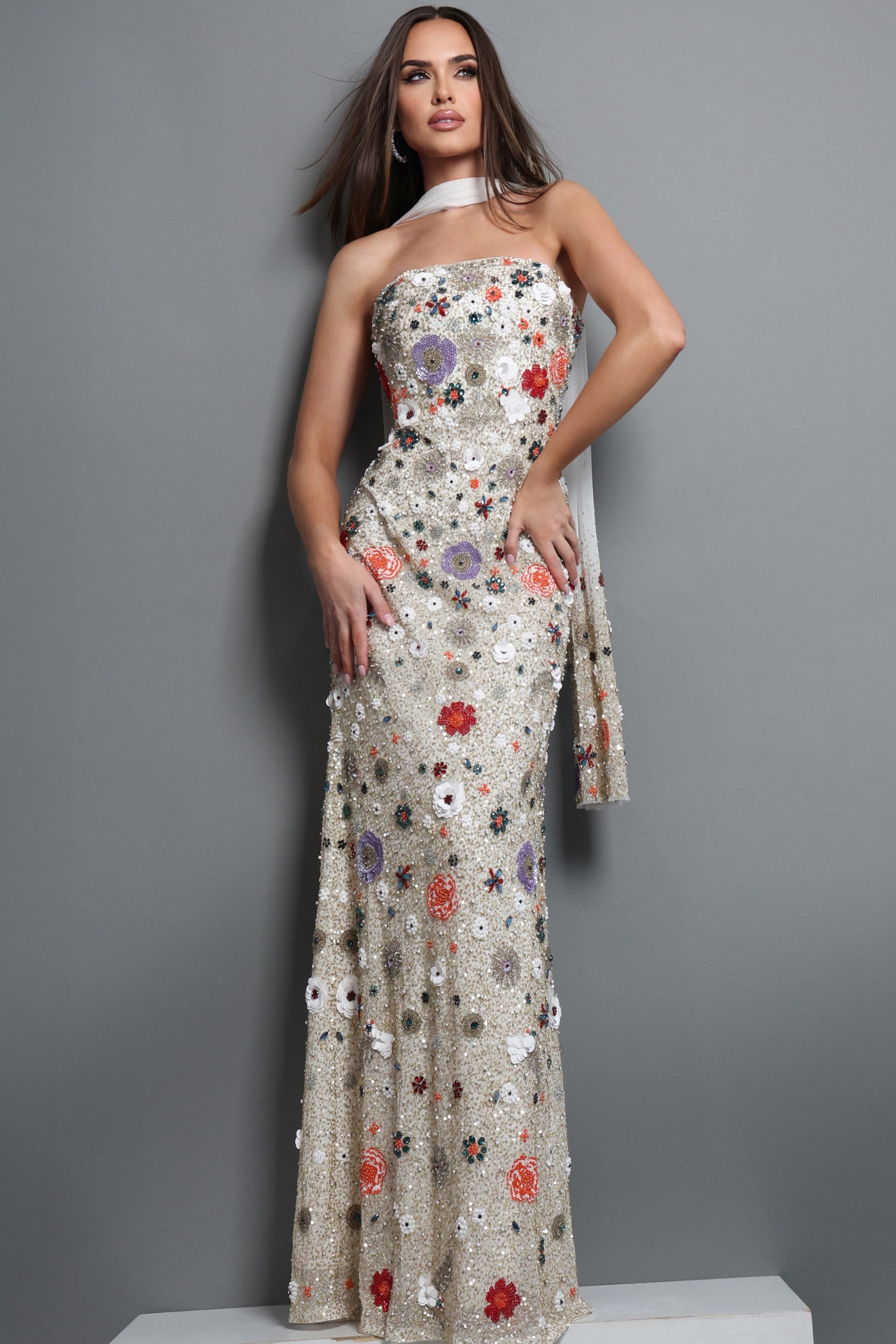 strapless floral embroidered sequin mermaid gown