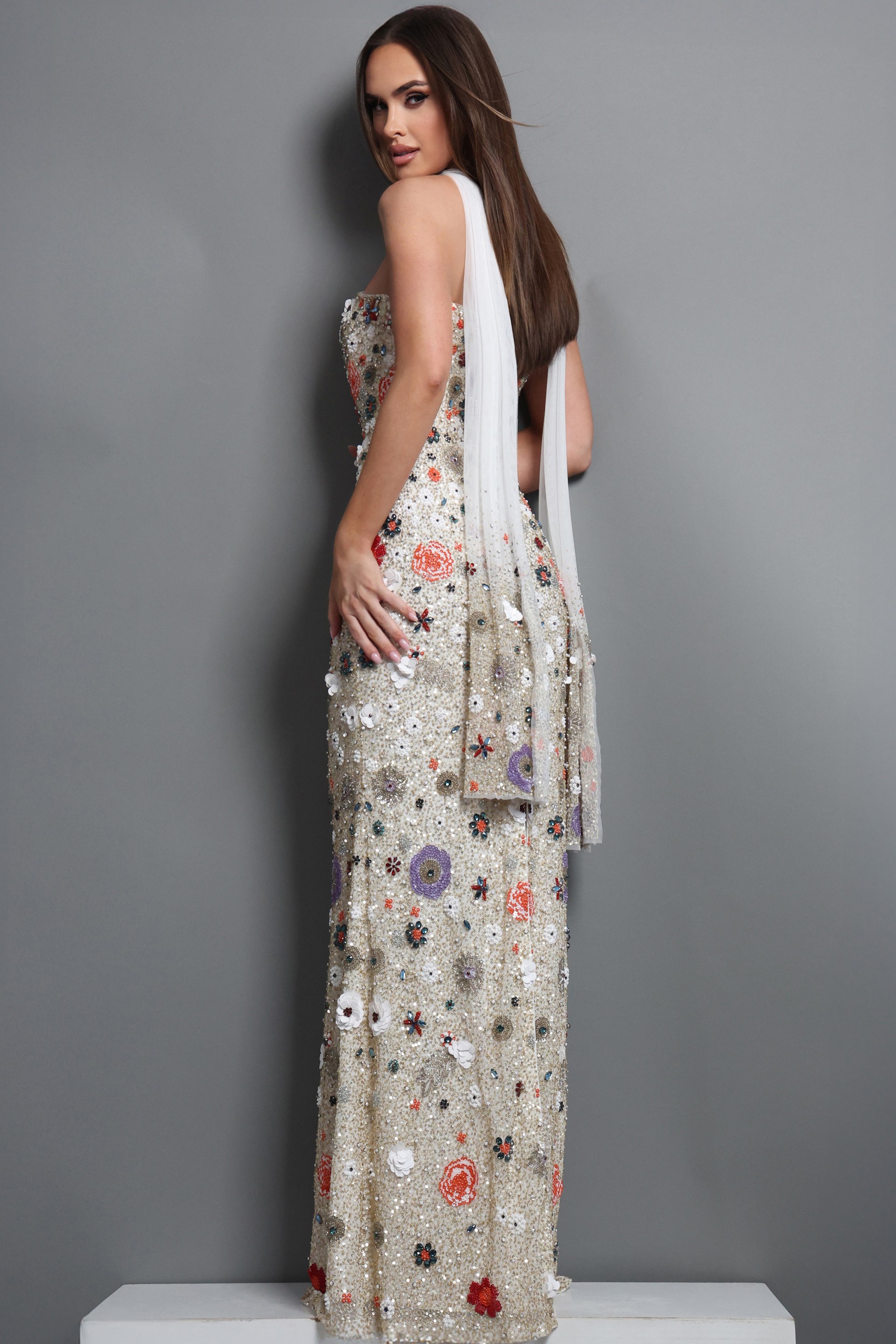 strapless floral embroidered sequin mermaid gown