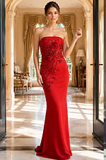 red strapless sheath gown with floral beaded applique