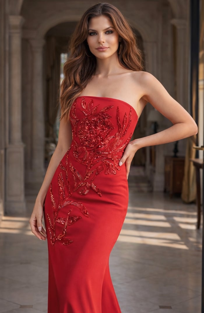 red strapless sheath gown with floral beaded applique