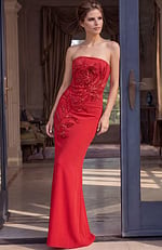 red strapless sheath gown with floral beaded applique