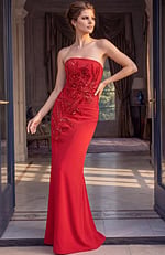red strapless sheath gown with floral beaded applique