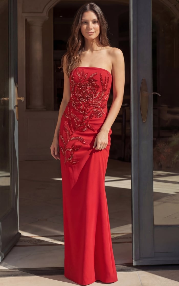 red strapless sheath gown with floral beaded applique