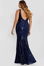 Plus Size Navy Sequin Gown with Deep V-Neck and High Slit