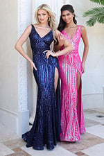 plus size navy sequin gown - two girls front, linked arms smiling, blonde hand hip