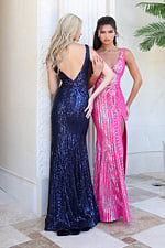 plus size navy sequin gown - side angle, blonde back, dark hair frontal
