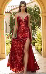 Front view of fitted sequin gown with plunging neckline, sheer inset, and thigh high slit