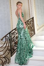 mint rose gold sequin prom dress with slit - side angle, updo looking back on stairs