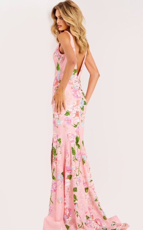 Glamorous pink floral sequin evening dress