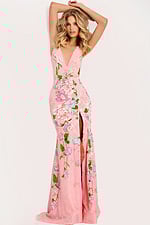 Floral sequin prom dress with plunging neckline