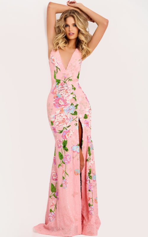 Floral sequin prom dress with plunging neckline