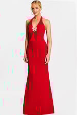 Front view of red halter evening gown with embellished bow detail