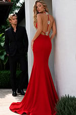 red backless dress with flower designs in the back 48663