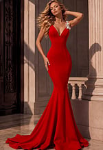 ed mermaid evening gown featuring an open back with floral strap accents and long train